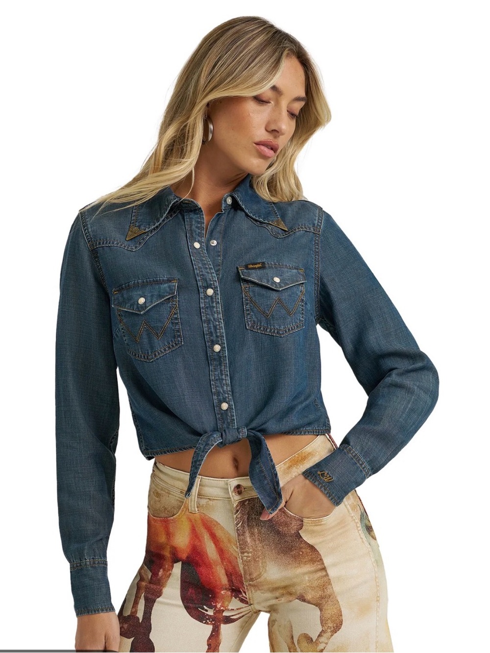 NWT Wrangler Tie Front Western‎ Light Denim Pearl Snap Buttons Women’s Size XL